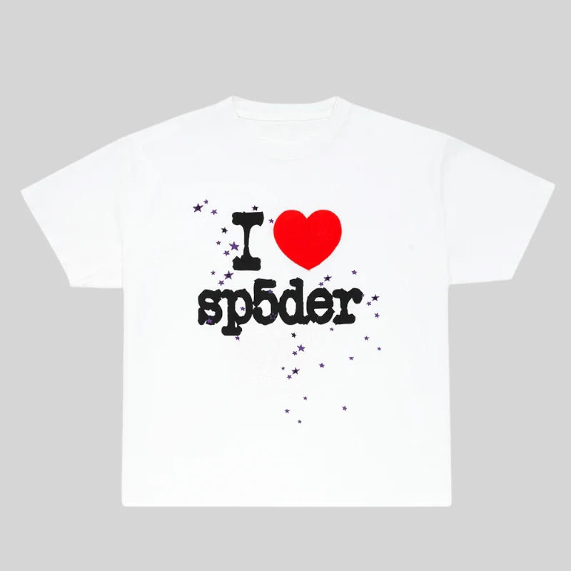 Front view of the white I HEART Sp5der streetwear tee featuring a red heart and purple star graphic print.
