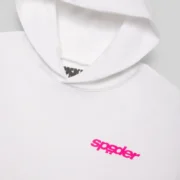 Close-up view of the white SP5DER Fractured Logo Hoodie featuring a pink brand logo printed on the chest area.