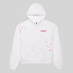 Front view of the white SP5DER Fractured Logo Hoodie featuring a pink graphic logo and scattered star prints.