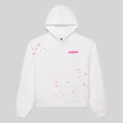 Front view of the white SP5DER Fractured Logo Hoodie featuring a pink graphic logo and scattered star prints.