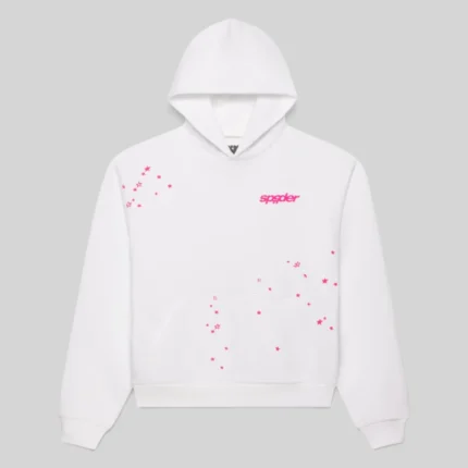 Front view of the white SP5DER Fractured Logo Hoodie featuring a pink graphic logo and scattered star prints.