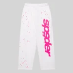 SP5DER Fractured Logo wide leg sweatpants in white featuring a pink graphic logo and scattered star print design