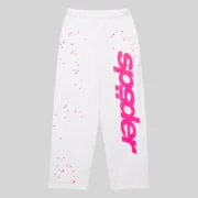 SP5DER Fractured Logo wide leg sweatpants in white featuring a pink graphic logo and scattered star print design