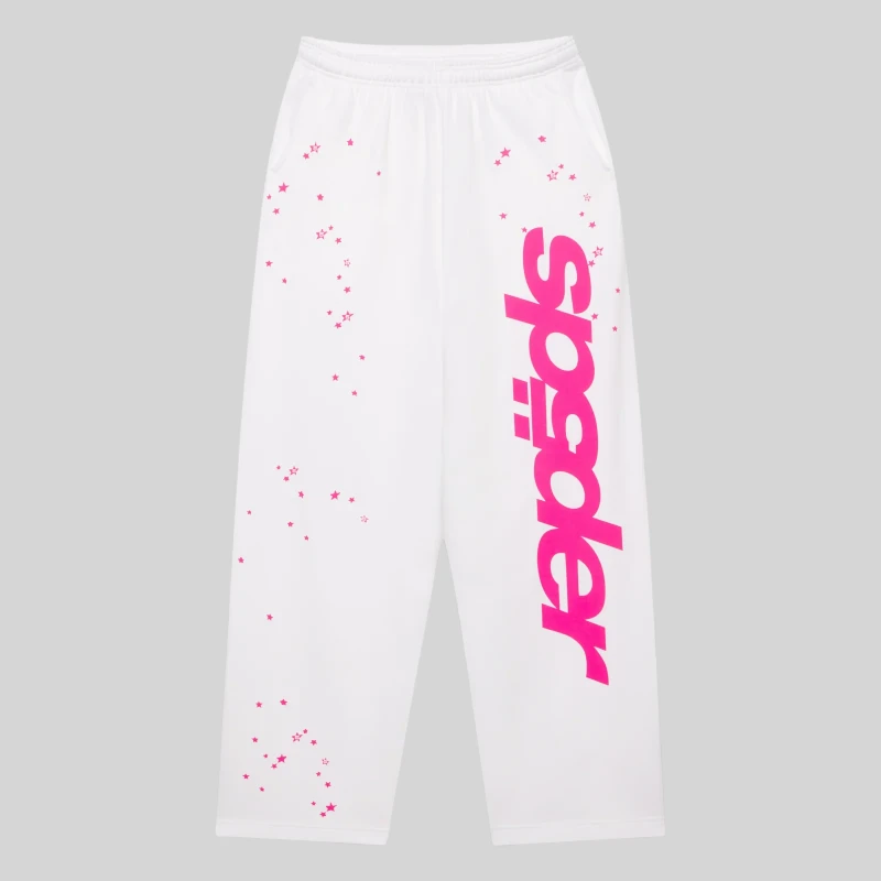SP5DER Fractured Logo wide leg sweatpants in white featuring a pink graphic logo and scattered star print design