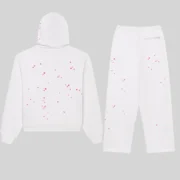 Back view of the White SP5DER Fractured Logo Tracksuit with pink scattered star graphics on a hoodie and sweatpants.