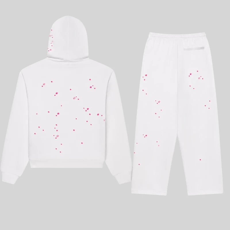 Back view of the White SP5DER Fractured Logo Tracksuit with pink scattered star graphics on a hoodie and sweatpants.