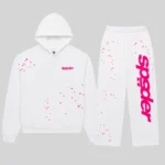 Official Sp5der Fractured Logo Tracksuit in White with pink graphic logo and scattered star print design front view.