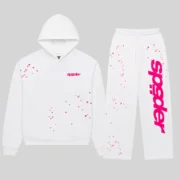 Official Sp5der Fractured Logo Tracksuit in White with pink graphic logo and scattered star print design front view.