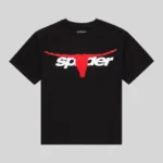 Front view of the black Sp5der Tx 5 Flag Tee featuring a bold red and white graphic print on a 100% cotton t-shirt.