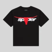 Front view of the black Sp5der Tx 5 Flag Tee featuring a bold red and white graphic print on a 100% cotton t-shirt.