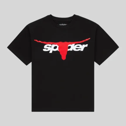 Front view of the black Sp5der Tx 5 Flag Tee featuring a bold red and white graphic print on a 100% cotton t-shirt.