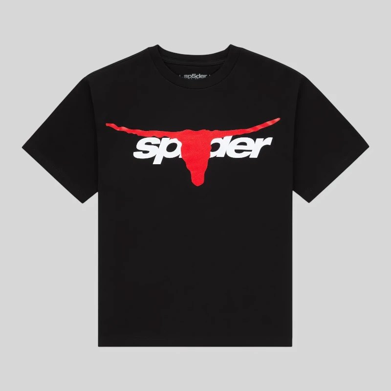Sp5der Tx 5 Flag Tee Black Graphic Print Front View Front view of the black Sp5der Tx 5 Flag Tee featuring a bold red and white graphic print on a 100% cotton t-shirt.