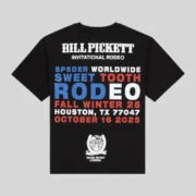 Back view of the black Sp5der Tx 5 Flag Tee featuring Bill Pickett Invitational Rodeo graphics and event details.