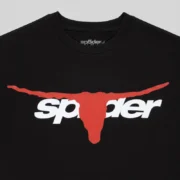 A close-up view of the black Sp5der Tx 5 Flag Tee, showcasing the iconic red graphic print on the front of the shirt.