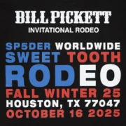 Close up of the Sp5der Tx 5 Flag Tee graphic featuring the Bill Pickett Invitational Rodeo print on black fabric.
