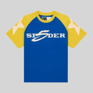 This Sp5der 5uki Tee showcases a bold blue and yellow color-block design with signature front and sleeve graphics.