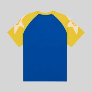 Back view of the Sp5der 5uki Tee in a blue and yellow color-block style with signature sleeve graphic prints.