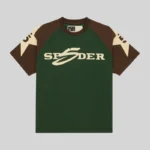 Sp5der 5uki Tee featuring a bold color-block design with signature graphic prints on the chest and sleeves.