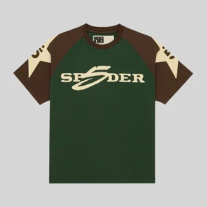 Sp5der 5uki Tee featuring a bold color-block design with signature graphic prints on the chest and sleeves.