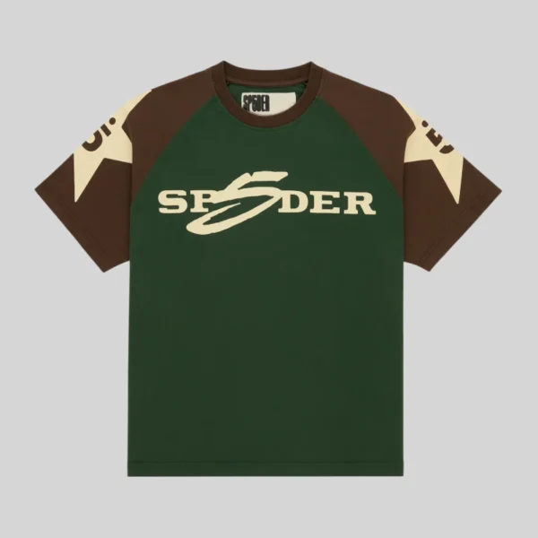 Sp5der 5uki Tee featuring a bold color-block design with signature graphic prints on the chest and sleeves.