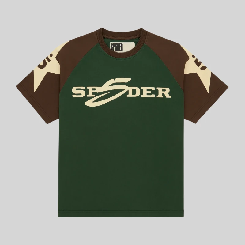 Sp5der 5uki Tee featuring a bold color-block design with signature graphic prints on the chest and sleeves.