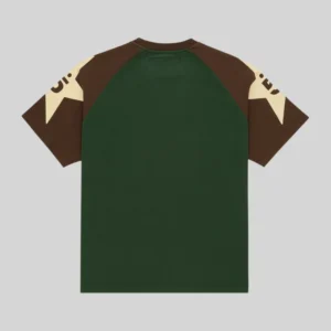 Back view of the green and brown Sp5der 5uki Tee with signature sleeve graphic prints from the FW25 archive collection.