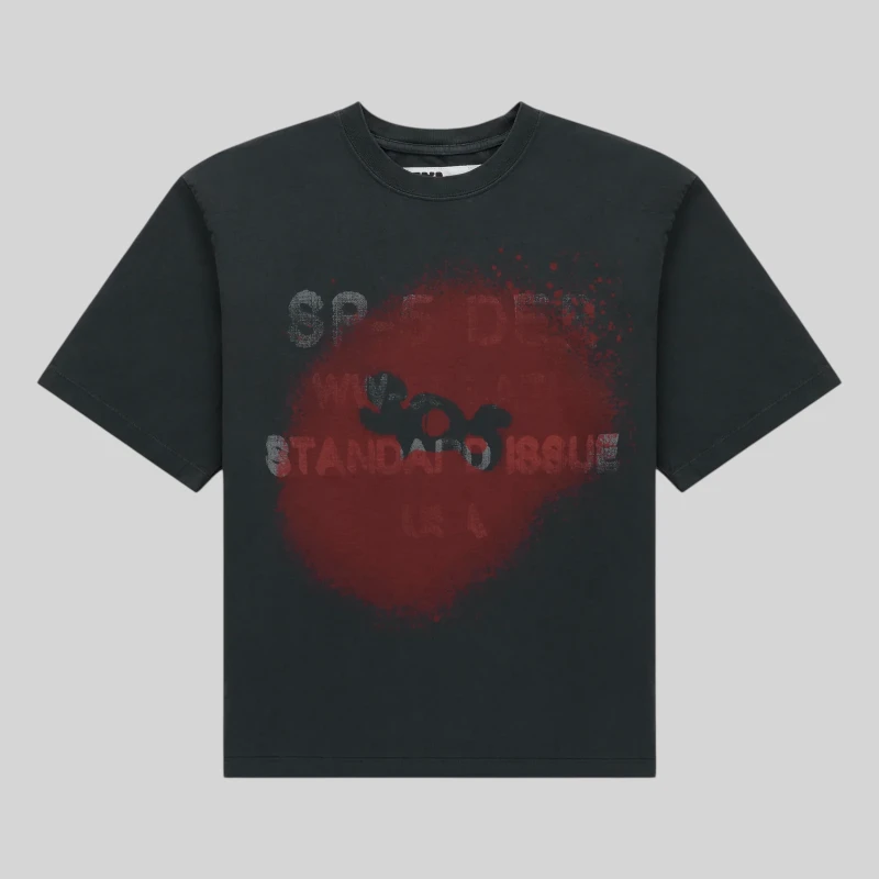 Black Sp5der Standard Issue Tee featuring a bold distressed red graphic print on the front, made from 100% cotton.