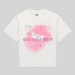 Front view of the Sp5der Standard Issue white tee featuring a signature distressed pink graphic print on the front.