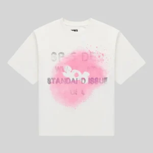 Front view of the Sp5der Standard Issue white tee featuring a signature distressed pink graphic print on the front.