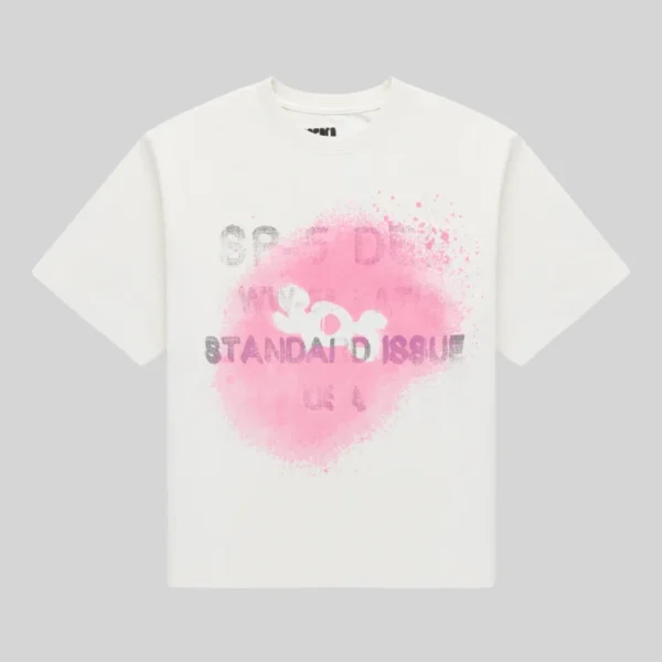 Front view of the Sp5der Standard Issue white tee featuring a signature distressed pink graphic print on the front.