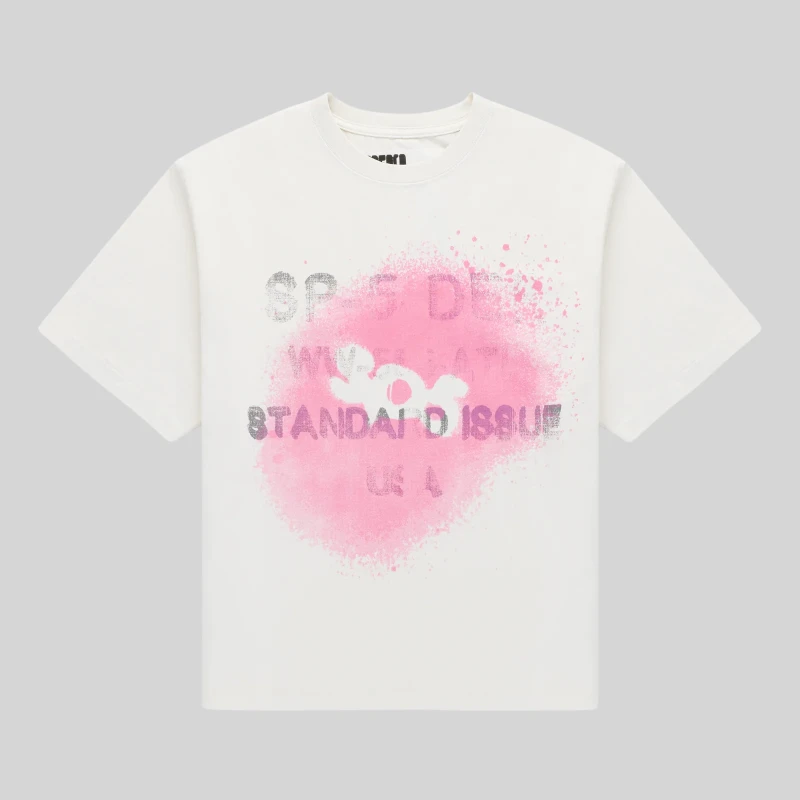 Sp5der Standard Issue White Tee Front View Front view of the Sp5der Standard Issue white tee featuring a signature distressed pink graphic print on the front.