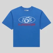 Blue Sp5der R5cing Tee front view featuring a bold graphic print on premium cotton streetwear essential design.