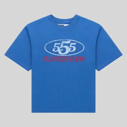 Blue Sp5der R5cing Tee front view featuring a bold graphic print on premium cotton streetwear essential design.