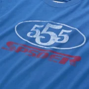 Close up view of the blue Sp5der R5cing Tee featuring a bold white 555 graphic print on the front of the cotton shirt.