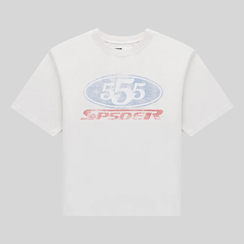 Front view of the Sp5der R5cing Tee in white featuring a signature graphic print on a premium cotton streetwear shirt.