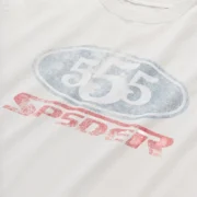 A close up view of the white Sp5der R5cing Tee showing the signature graphic print on the front of the cotton shirt.