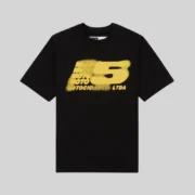 Front view of the black Sp5der Moto 5 graphic tee with yellow branding from the FW25 streetwear archive collection