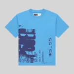 Front view of the blue Sp5der Commerce Tee featuring a bold distressed dark blue graphic print streetwear design.