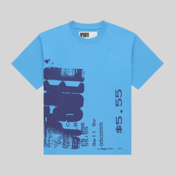 Front view of the blue Sp5der Commerce Tee featuring a bold distressed dark blue graphic print streetwear design.