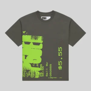 Sp5der Commerce Tee in slate grey featuring a distressed neon green graphic print on the front, streetwear style.