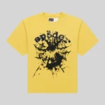 Sp5der Scattered OG Web V2 yellow tee front view with black spiderweb graphic and distressed logo on chest