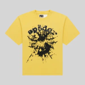 Sp5der Scattered OG Web V2 yellow tee front view with black spiderweb graphic and distressed logo on chest