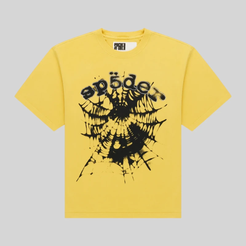 Sp5der Scattered OG Web V2 yellow tee front view with black spiderweb graphic and distressed logo on chest