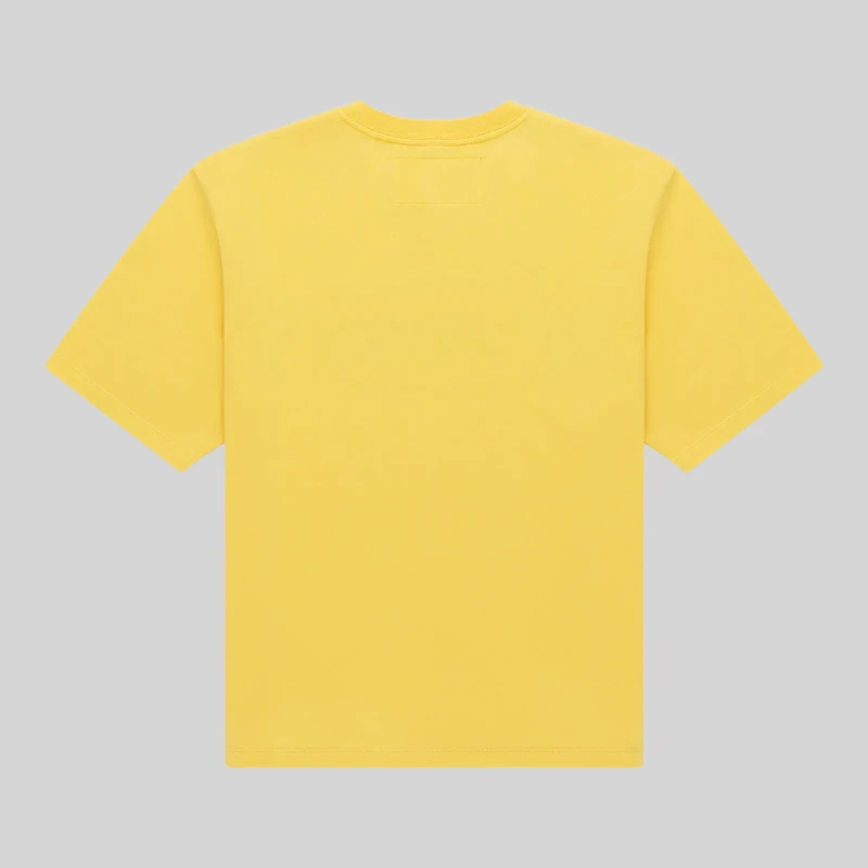 Sp5der Scattered OG Web V2 yellow tee back view on gray background, unisex 100% cotton streetwear, SS26 product photo