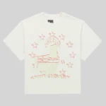 Front view of the off-white Sp5der Anniversary Tee featuring a red star graphic design and logo branding on chest