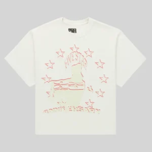 Front view of the off-white Sp5der Anniversary Tee featuring a red star graphic design and logo branding on chest
