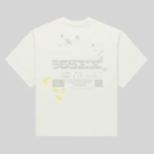 White Sp5der Anniversary T-shirt featuring a detailed back graphic print with stars and text design for streetwear fans.