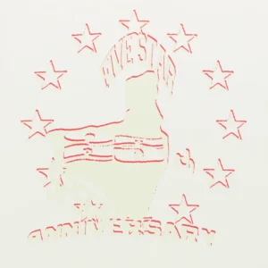 Close up of the Sp5der Anniversary Tee featuring red graphic branding with stars on a white fabric background