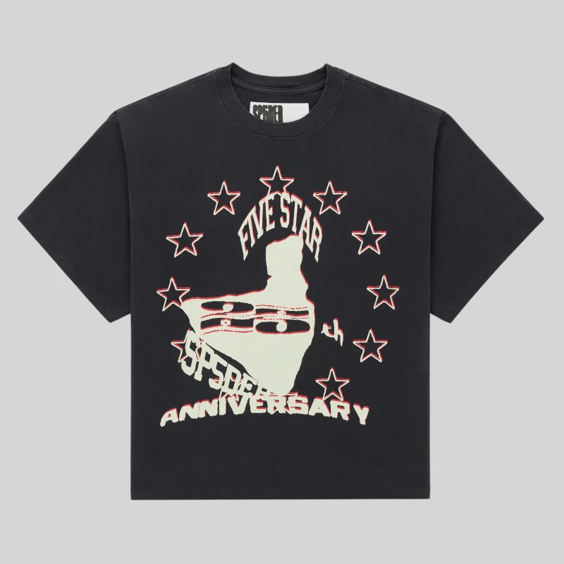 Navy blue Sp5der Anniversary T-shirt with graphic star print featuring 25th anniversary text on the front of the tee
