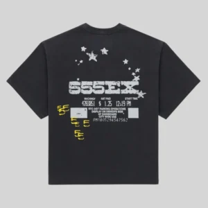 Back view of the navy Sp5der Anniversary Tee featuring a graphic parking ticket print with white stars and yellow accents.